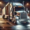 A long-nose semi-truck parked at a rest stop with its trailer doors open and empty, symbolizing cargo theft. A suspicious figure lurks in the background under dim lighting