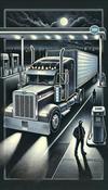 A detailed vertical scene of a long-nose semi-truck parked at a rest area, its empty trailer suggesting a theft. The dimly lit background adds to the suspense