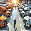 Truck sales are booming! A modern dealership with brand-new semi-trucks ready for the road.