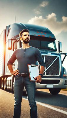 A confident trucker with a clipboard, looking toward a brighter future in the evolving trucking industry