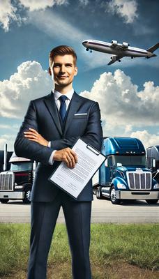 A confident trucking executive holding a contract, marking a historic fleet merger.