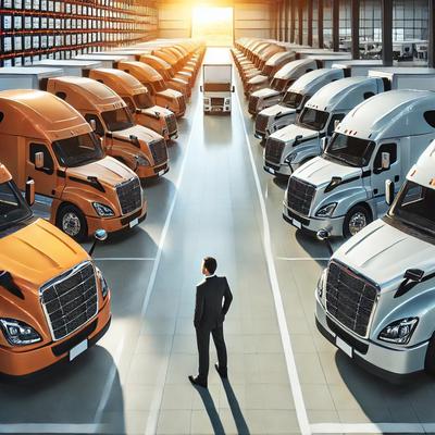 Truck sales are booming! A modern dealership with brand-new semi-trucks ready for the road.